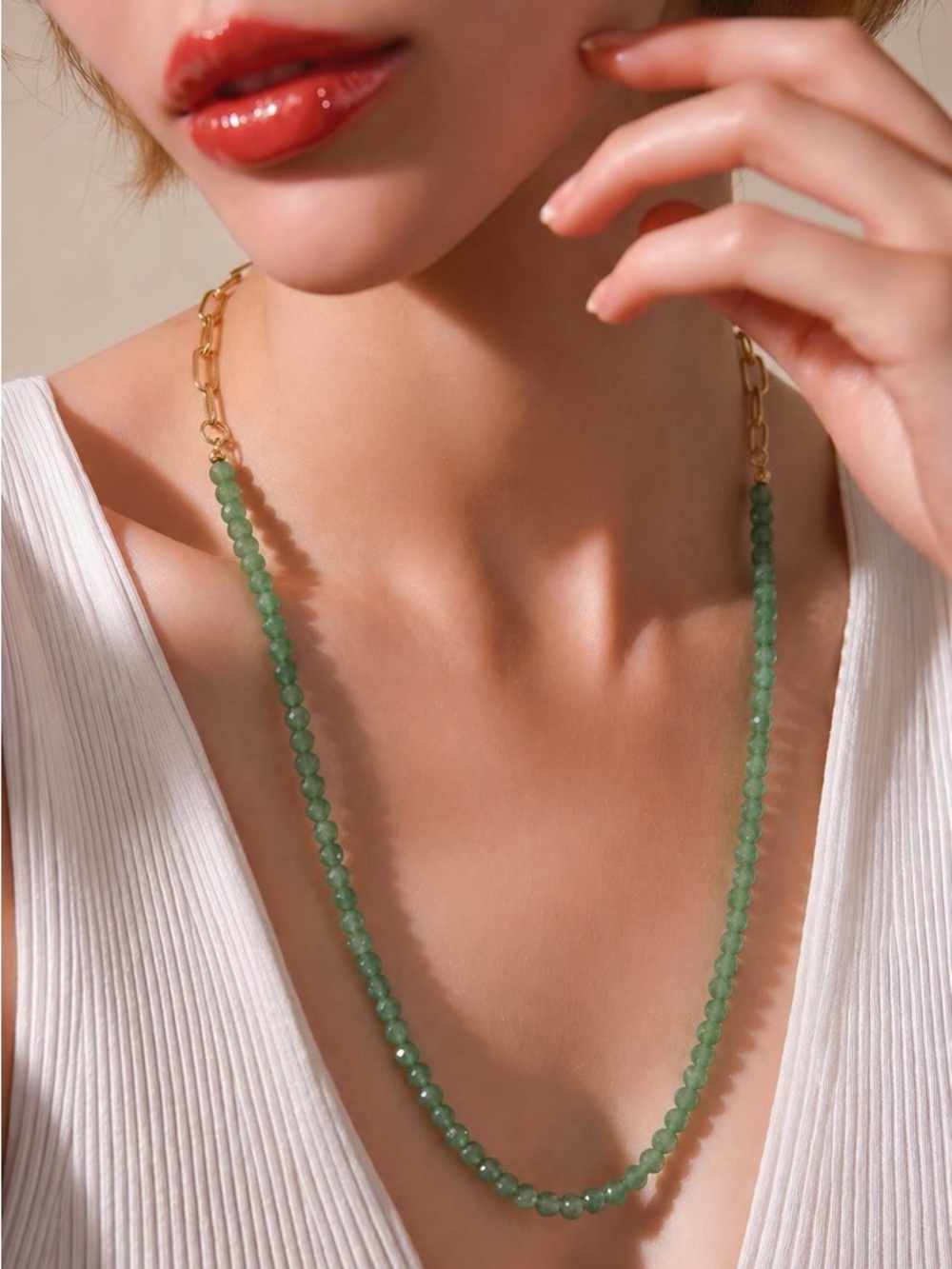 Park Lane Women’s Rondelle Green Crystal & Gold Tone Chain Necklace – Adjustable